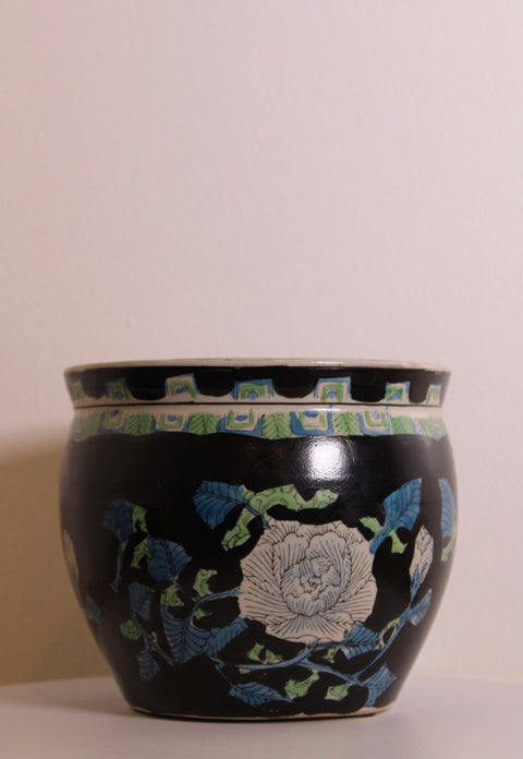 Art Deco Floral Black Pottery Planter