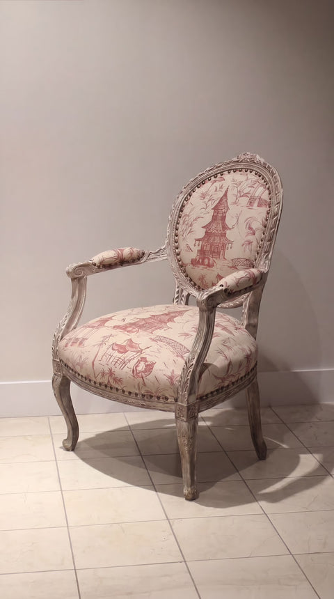 1940s Vintage French Louis XVI Asian Linen Chair