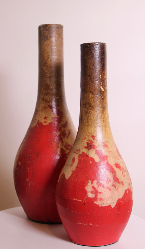 Pair of Primitive Red Wooden Decorative Vases