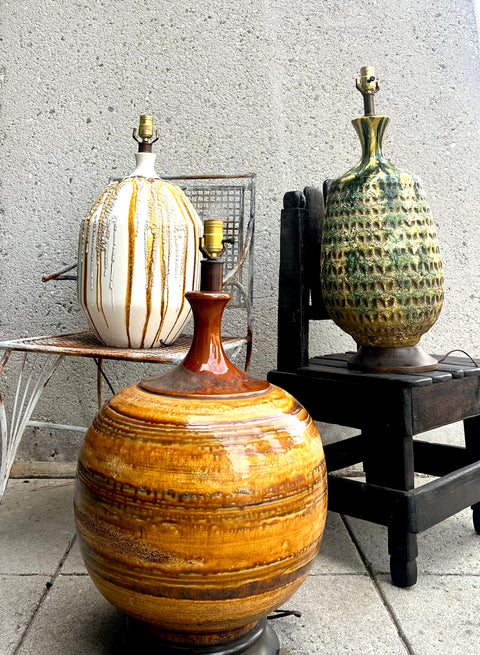 Original Mid-Century Ceramic Green and Yellow Pineapple Style Lamp