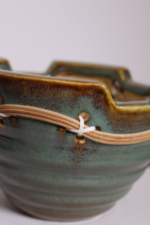 Green Ceramic Bonsai Planter with Rattan Detail