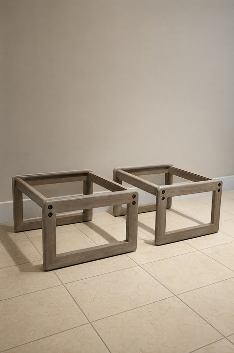 Vintage Modern Glass Top End Tables (Pair) | Sculptural Oak Side Tables