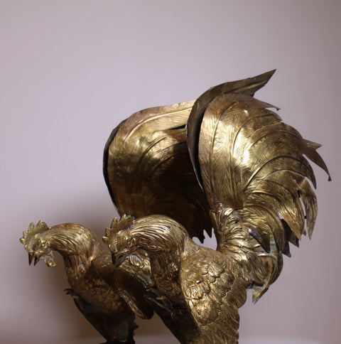 Pair of Vintage Large Brass Rooster Cockerels