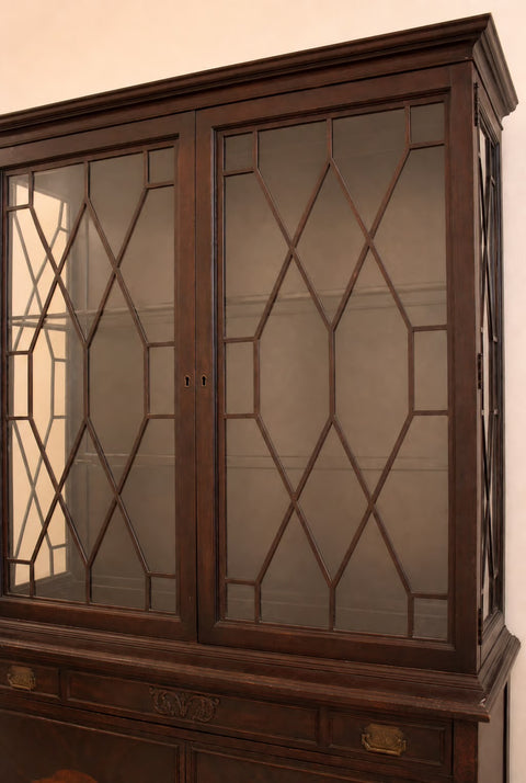 English Mahogany Inlaid Leaded Glass Display Cabinet