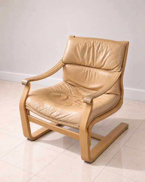 Bentwood Beige / Creme Leather Lounge Chair by Ake Fribytter for Nelo