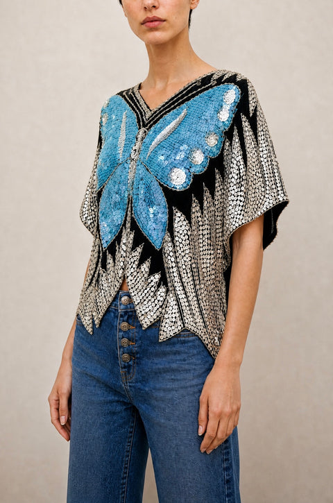 Blue Butterfly Sequin Top