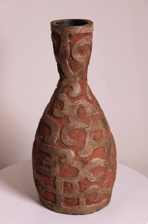 Vintage Earthware Scroll Design Bottle Neck Vase