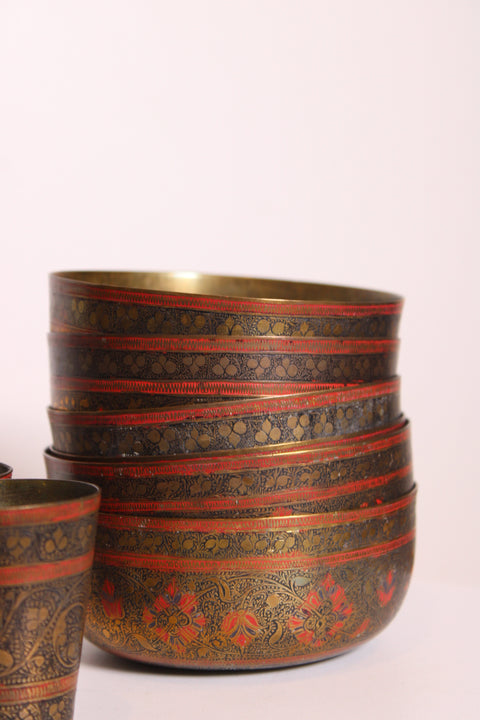 Vintage Brass and Enamel Bowl Set