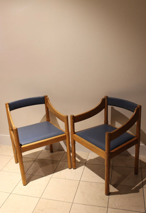 Vintage Postmodern Oak Armchairs | Sculptural Barrel Back Dining Chairs | Pair