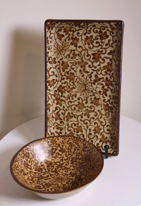 Vintage Brown Floral Scroll Plate and Bowl Set Japanese Style Decorative Serveware