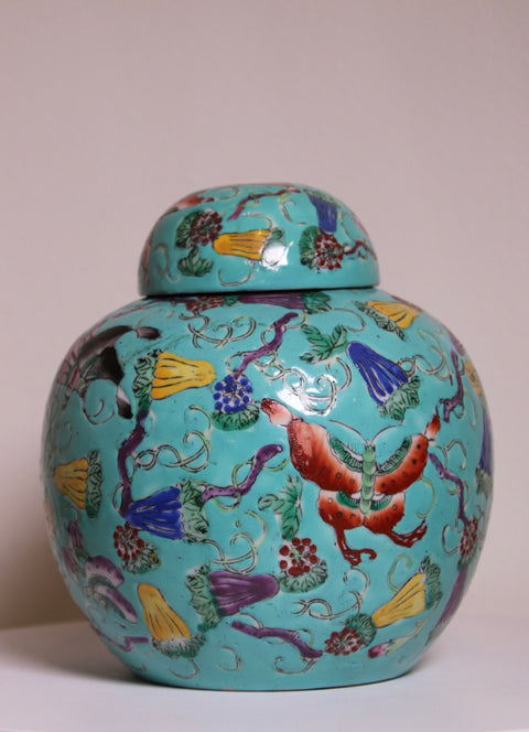 Vintage Turquoise Famille Rose Covered Jar with Floral and Figural Motifs