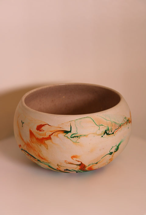 Vintage Nemadji Pottery Abstract Marble Bowl Green Orange Black Swirl