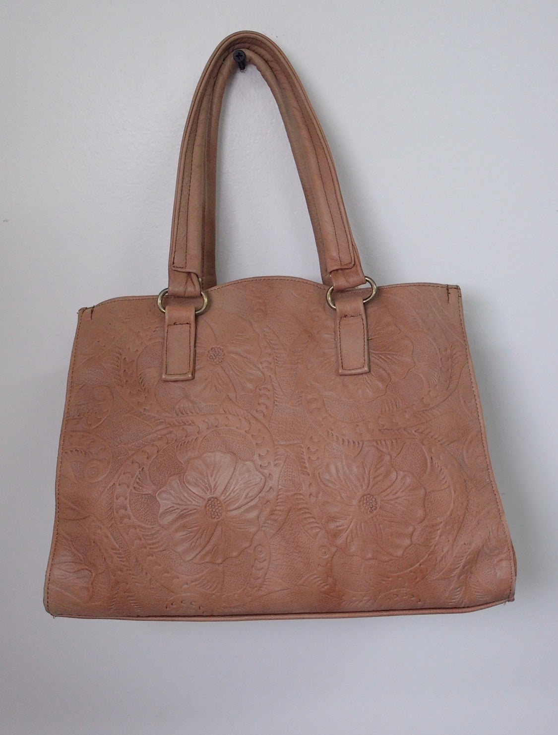 Pre Owned Tan Floral Tooled Embossed Leather Tote Bag | Western Boho | Double Handles | Back Zip Pocket (Vitange)