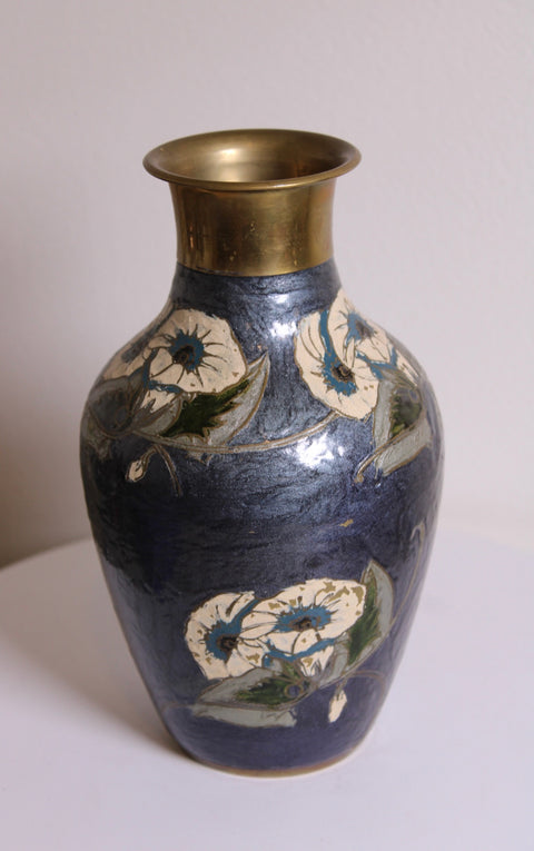 Vintage Indian Brass & Enamel Cobalt Blue Floral Vase