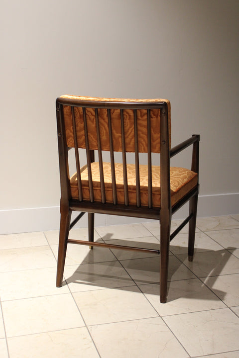 Set of 6 Mid Century Modern Walnut Dining Chairs – Brass Capped Legs & Velvet Upholstery