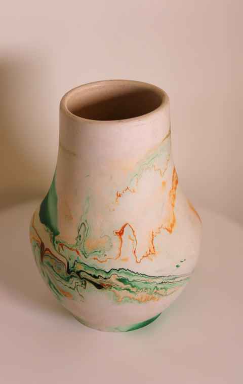 Vintage Nemadji Pottery Tall Bottle Vase Green Marble Swirl Clay