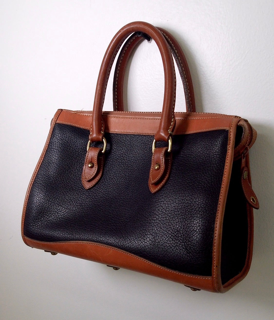 Pre Owned Dooney & Bourke All Weather Leather Satchel | Black & British Tan | Duck Fob (Vintage)