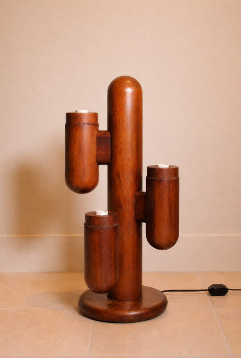 Vintage 1970s Modeline Solid Walnut Cactus | Sculptural Postmodern Wood Table Lamp