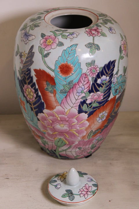 Vintage Large Floral Covered Porcelain Jar Colorful Chinoiserie Style