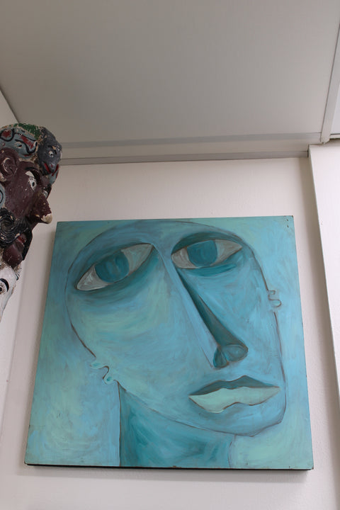 Teal Expressionist Face with Hands Painting