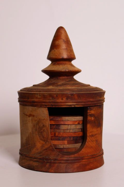 Burl Wood Coaster Set with Lidded Holder