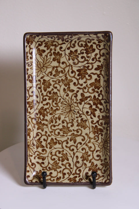 Vintage Brown Floral Scroll Plate and Bowl Set Japanese Style Decorative Serveware
