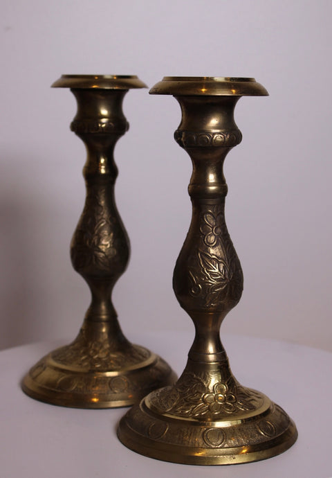 Pair of Engraved Brass Candlesticks