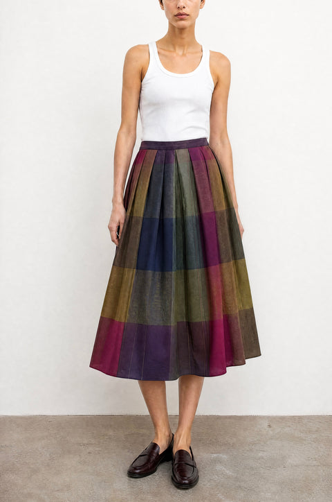 Vintage Multicolor Plaid Pleated Midi Skirt