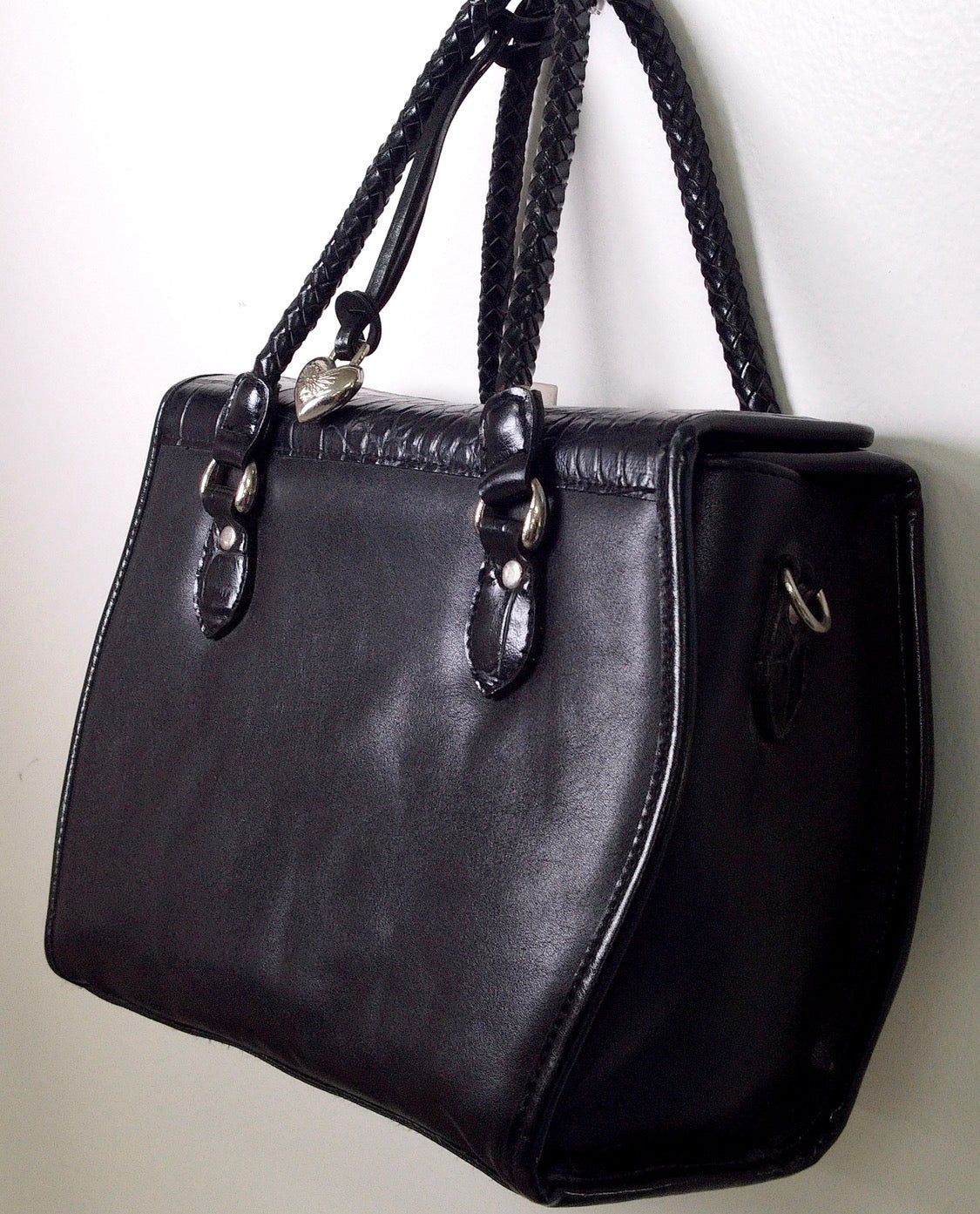 Pre Owned Brighton Black Leather Doctor Bag | Cherub & Heart Silver Concho Hardware | Braided Handles | 90s (Y2K Vintage)
