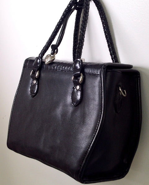 SOLD Pre Owned Brighton Black Leather Doctor Bag | Cherub & Heart Silver Concho Hardware | Braided Handles | 90s (Y2K Vintage)