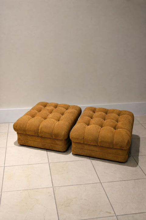 Vintage Pair of 1960s Biscuit Trigger Carmel Ultra Suede Ottomans