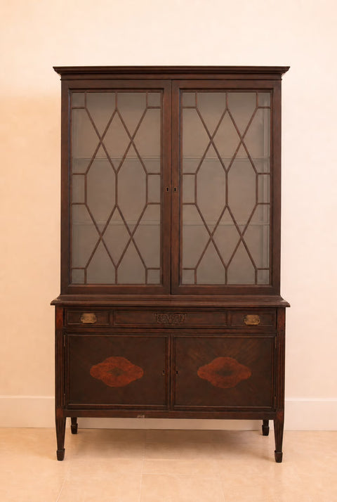 English Mahogany Inlaid Leaded Glass Display Cabinet