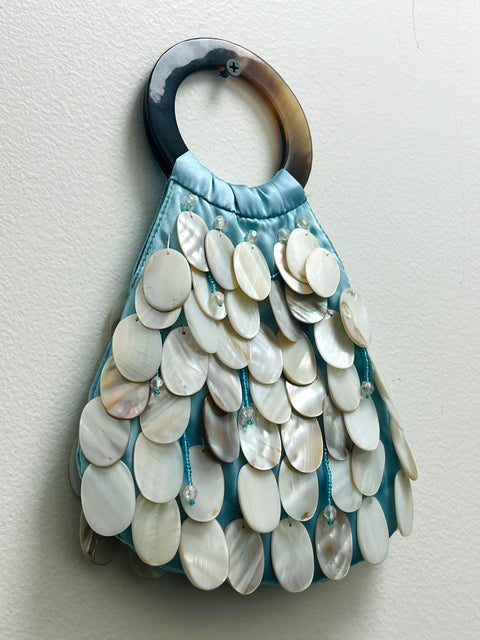 Aqua Shell-Embellished Ring-Handle Handbag