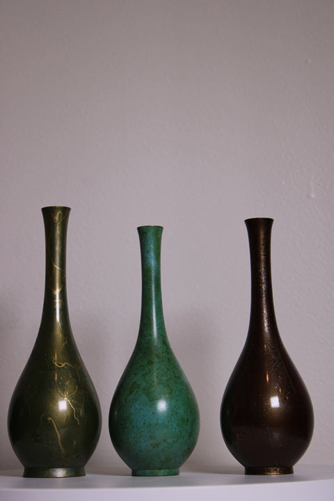 Set of Three Vintage Patinated Metal Bud Vases Green Turquoise Brown