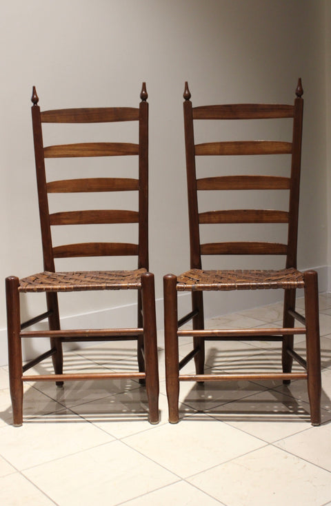Pair of Antique Style Ladder Back Chairs with Woven Hickory Bark Seats
