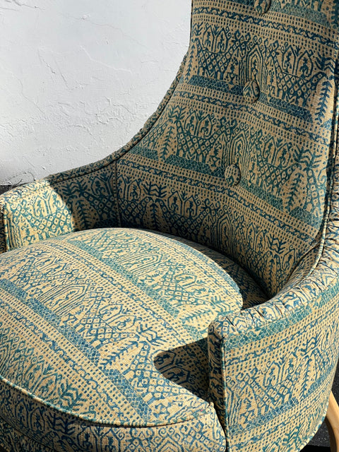 Vintage Pair of 1970s Mid-Century Regency Batik Fabric Chairs