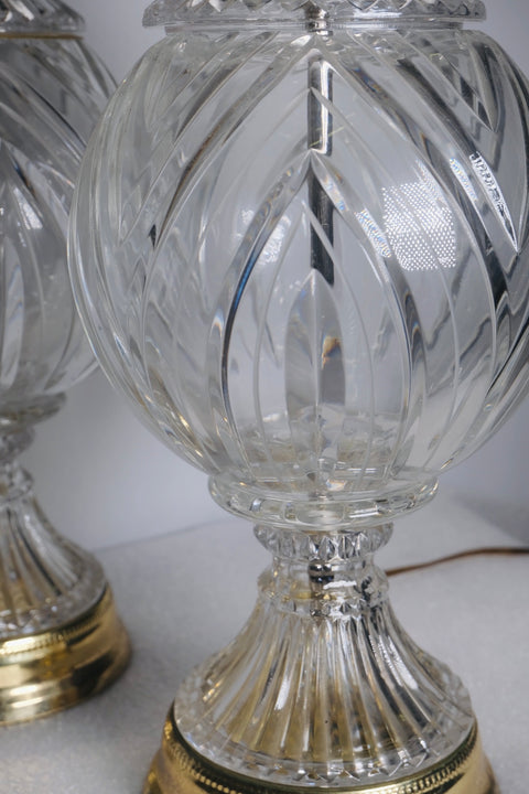 Pair of “Hollywood Regency” Crystal Ball And Brass Lamps