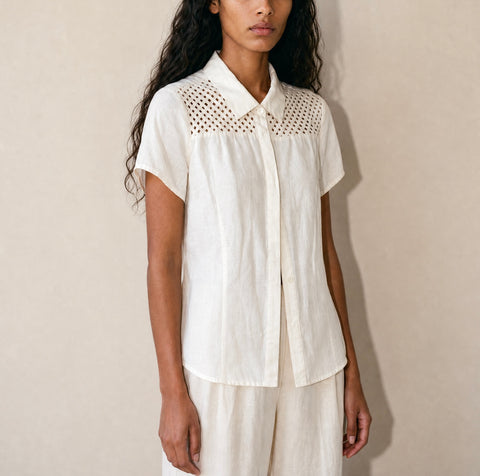 Dina K White Linen Eyelet Button-Up Blouse
