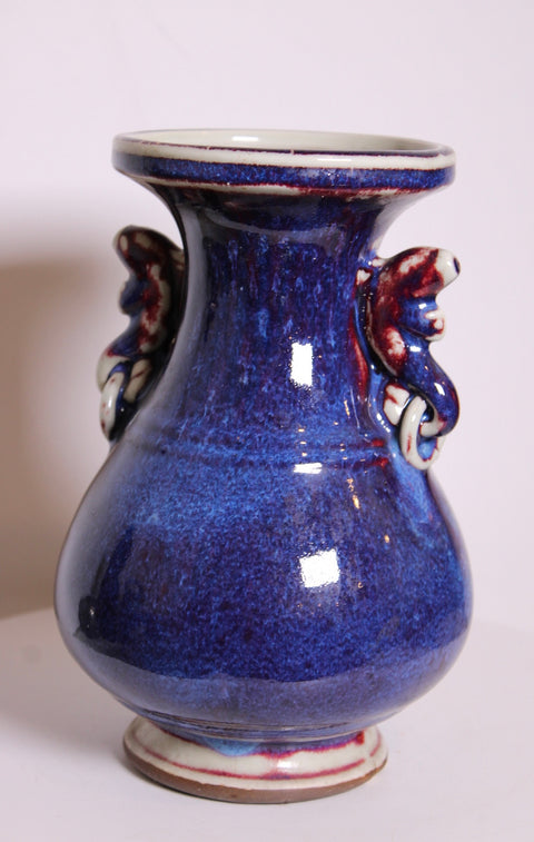 Cobalt Blue Foo Dog Handle Vase