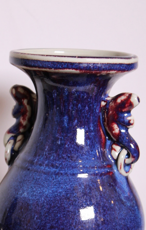 Cobalt Blue Foo Dog Handle Vase