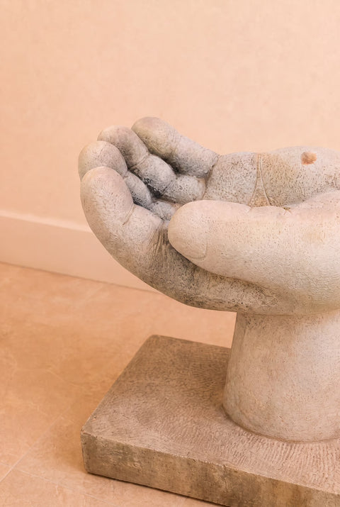Vintage Hand Sculpture Cement Bird Bath – Monumental Garden Art Planter