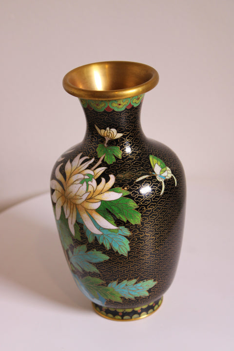 Vintage Chinese Black Cloisonné Chrysanthemum Vase