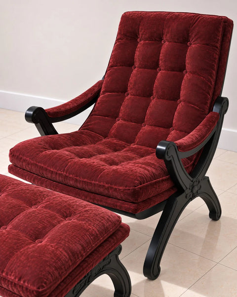 Burgundy Tufted Lounge Chair and Ottoman with Black X-Frame