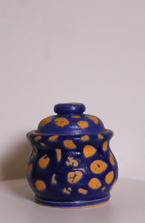 Blue Yellow Spotted Covered Pottery Box