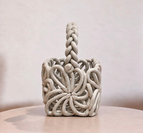 White Openwork Ceramic Basket with Twisted Handle