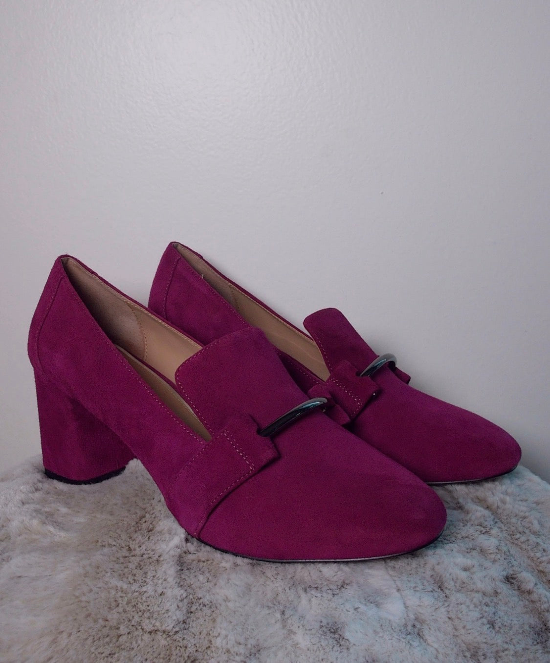 Pre Owned Tinea Prolo Purple Suede Block Heel Loafers | Structured Square Toe Pumps | Minimal Statement Heels