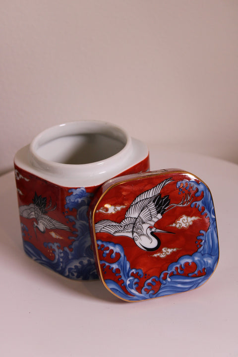 Red Crane Porcelain Covered Box