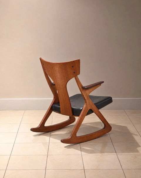 Danish Modern Sculptural Wood Rocking Chair with Black Leather Seat