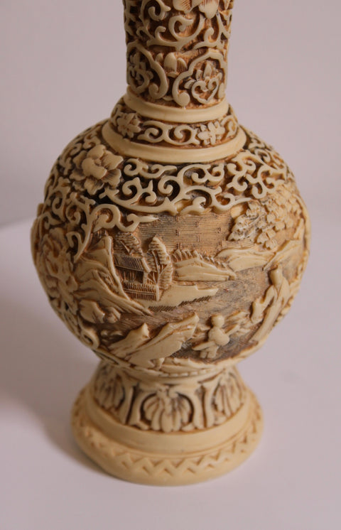 Intricately Carved Faux Ivory Scenic Vase