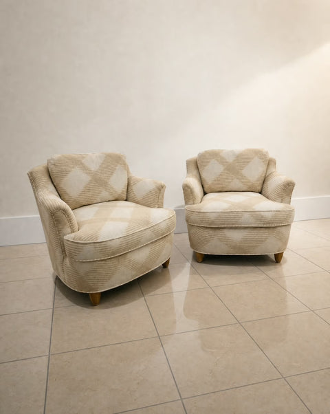 Pair of Cream Ivory Plaid 1940s Club Chairs